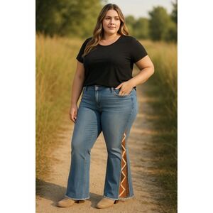 EST 1946 Denim Flare Jeans Embellished Boho Geometric Print  Plus Size 18W